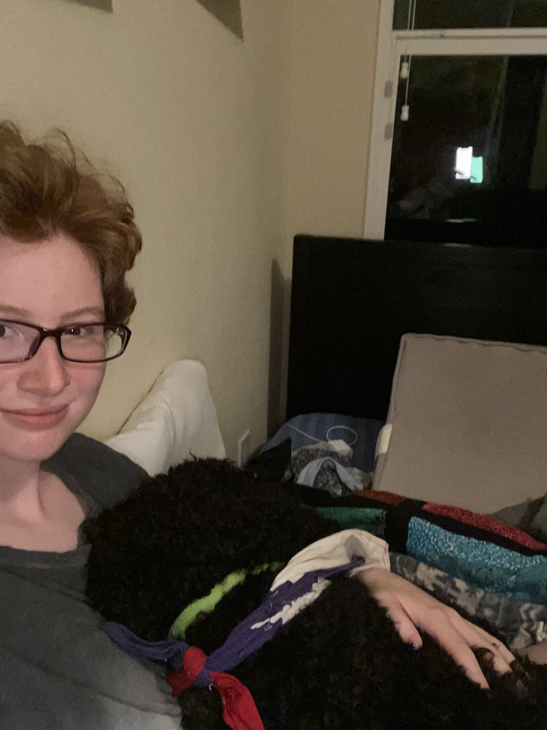 A black poodle puppy sleeping on his human's chest in bed.