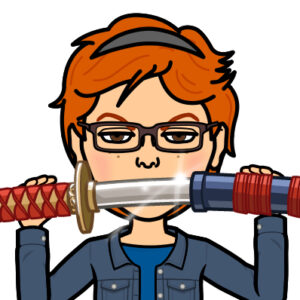 Cartoon redheaded young woman unsheathing a sword with an intimidating look on her face