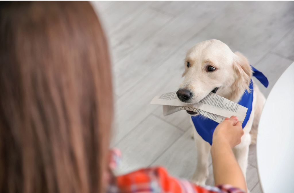 golden retriever giving his human the newspaper